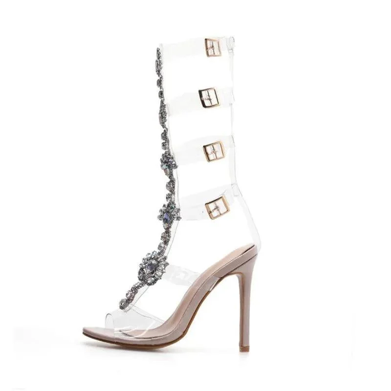 Transparent Rhinestone Chain Ankle Strap Heeled Sandals - Glova