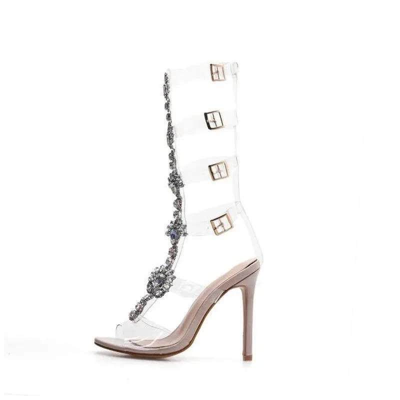 Transparent Rhinestone Chain Ankle Strap Heeled Sandals - Glova