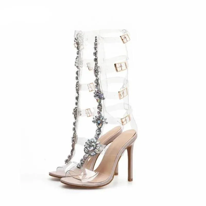 Transparent Rhinestone Chain Ankle Strap Heeled Sandals - Glova