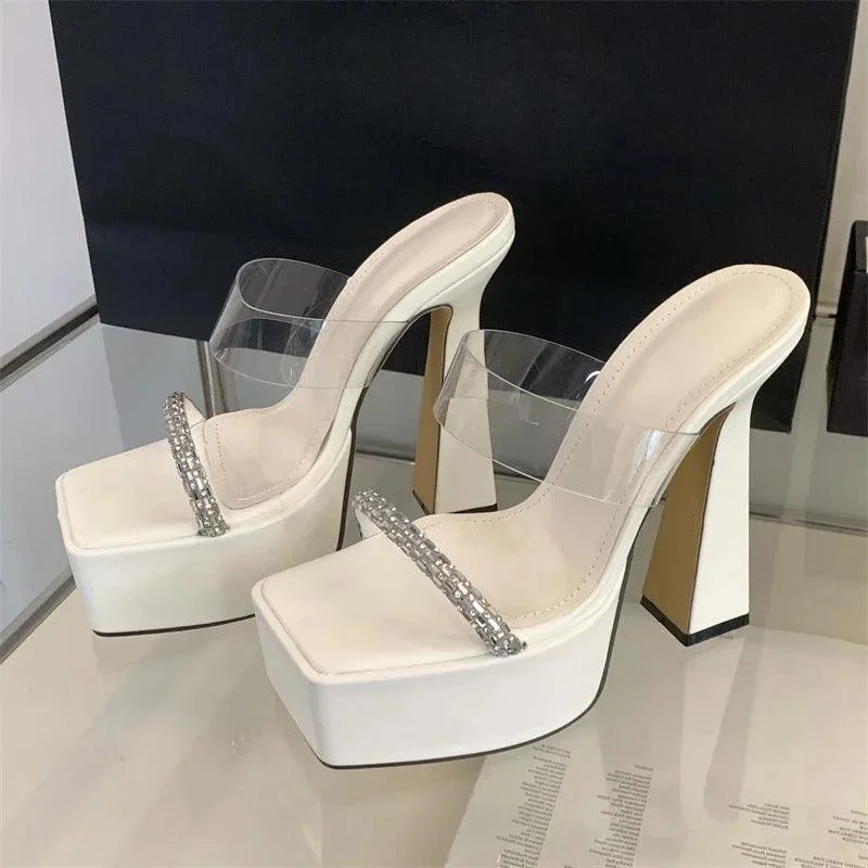 Transparent Square Toe Platform Crystal Thick High Heels Shoes - Glova