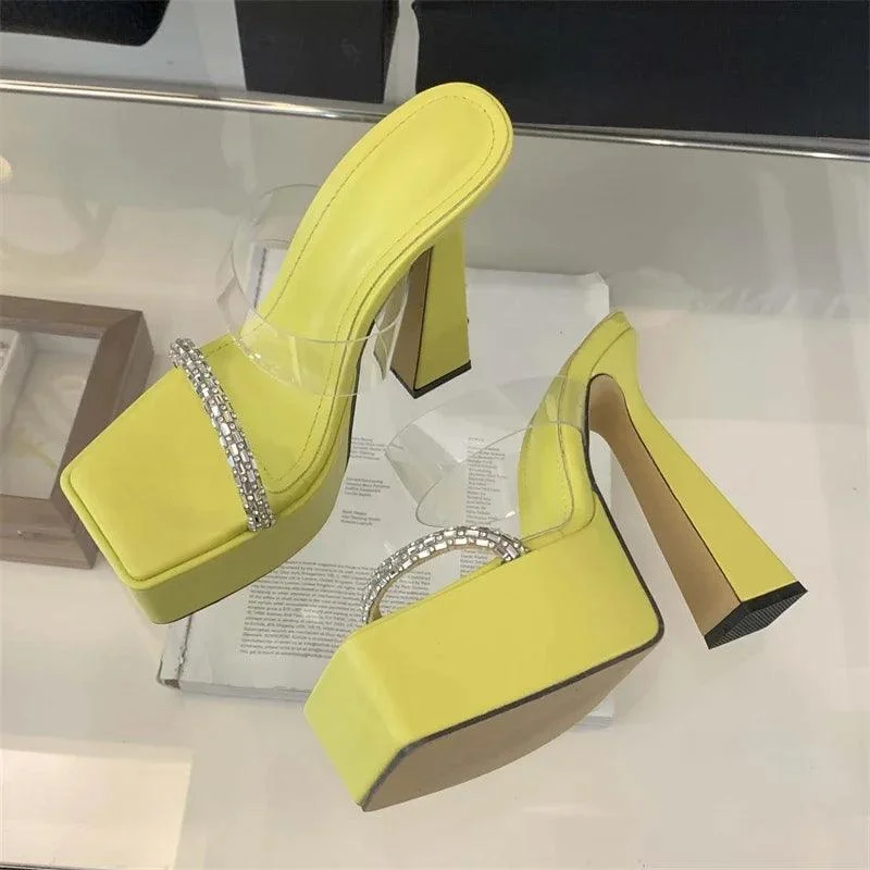 Transparent Square Toe Platform Crystal Thick High Heels Shoes - Glova