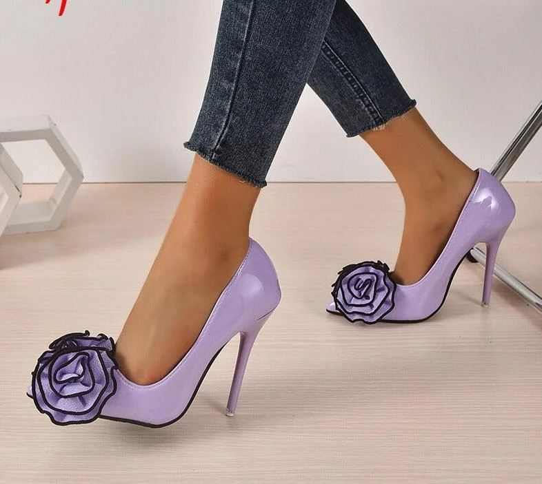 Trending Super High Stiletto Pumps: Purple Rose Applique Party Shoes - Glova