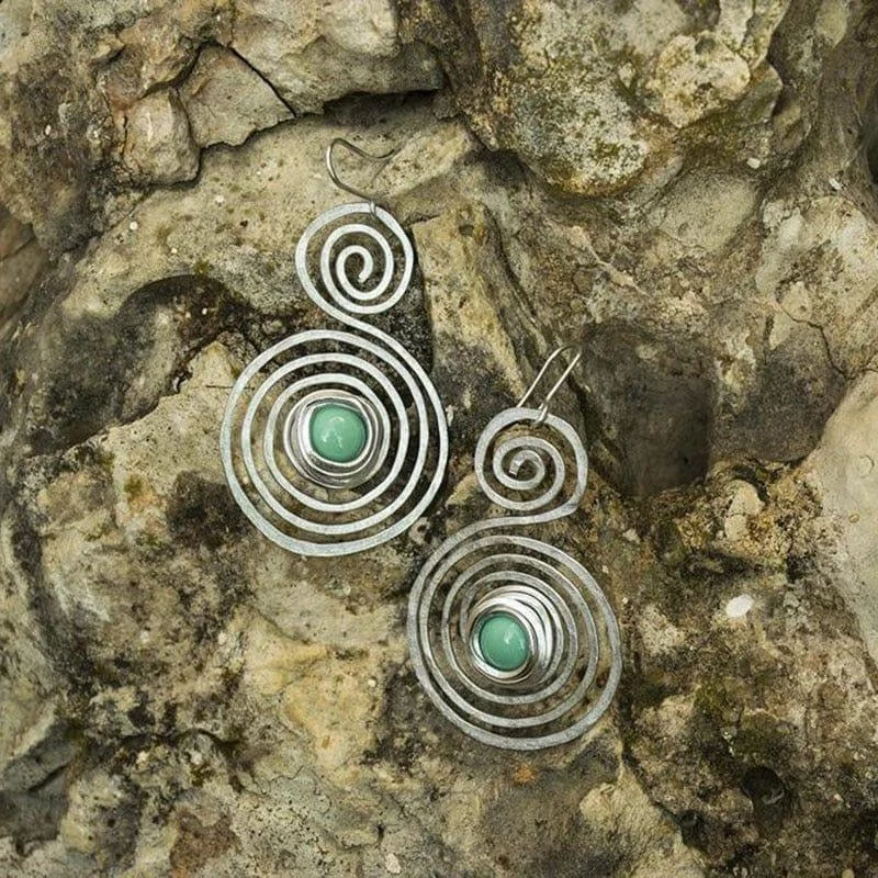 Tribal Spiral Turquoises Drop Earrings - Glova