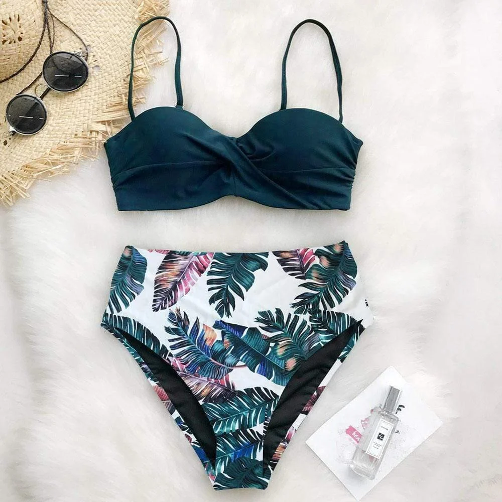 Tropical Palms Twist-Front High-Waisted Bikini Set - Glova