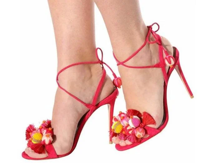 Tropicana Tassel Ball Pom Pom Thin Heels Lace Up Sandals - Glova