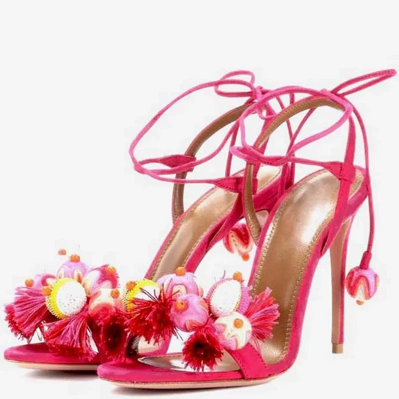 Tropicana Tassel Ball Pom Pom Thin Heels Lace Up Sandals - Glova