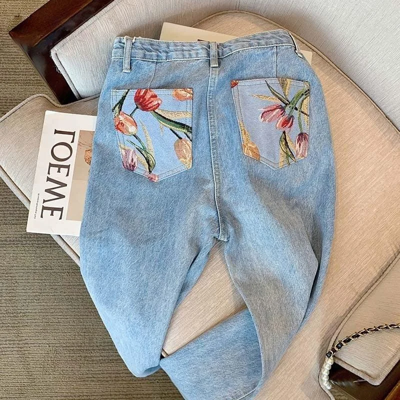 Tulips Print Back Pocketed Jeans - Glova