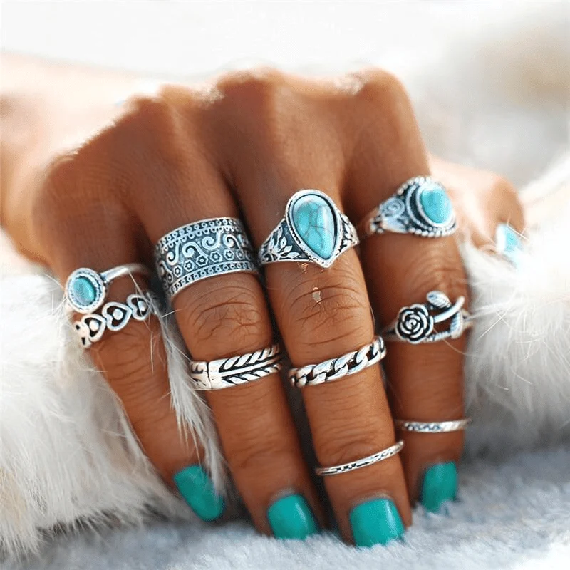 Turquoise Rose Ring Set 10 pcs - Glova