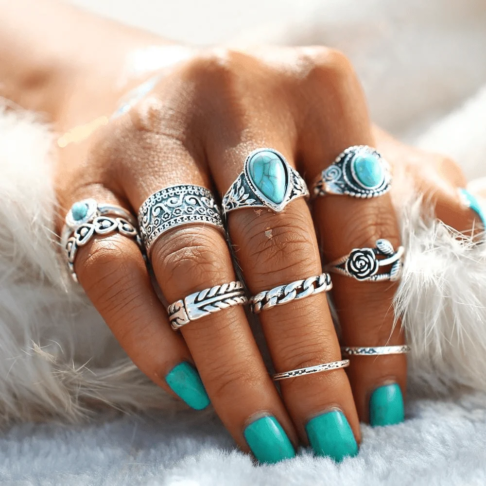 Turquoise Rose Ring Set 10 pcs - Glova