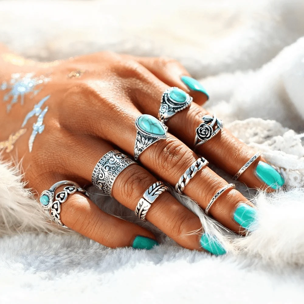 Turquoise Rose Ring Set 10 pcs - Glova