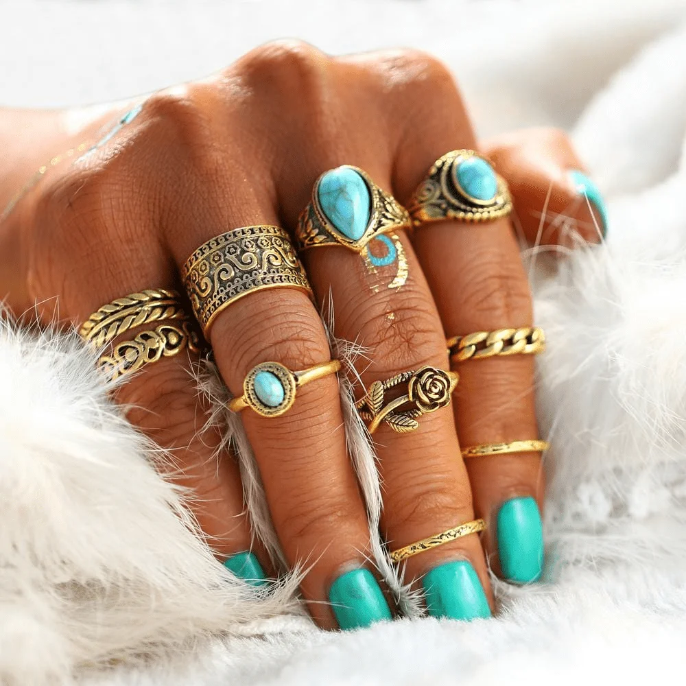 Turquoise Rose Ring Set 10 pcs - Glova