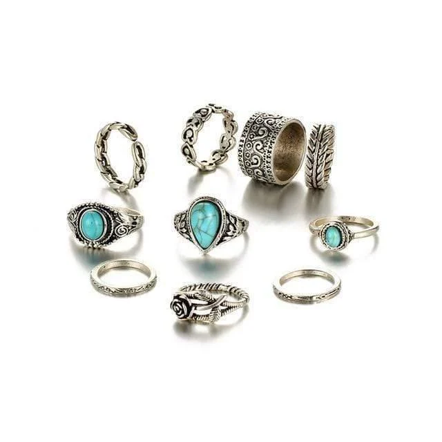 Turquoise Rose Ring Set 10 pcs - Glova