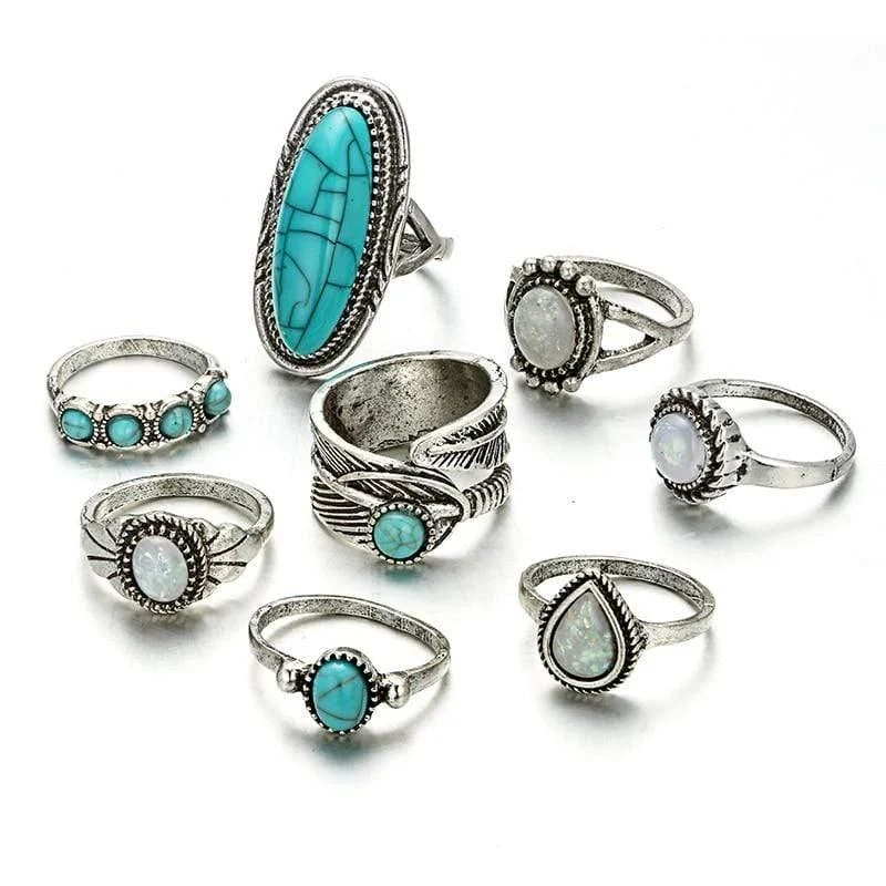 Turquoise Stone & Moonstone Ring Set - Glova