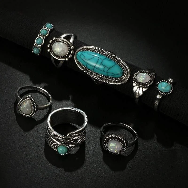 Turquoise Stone & Moonstone Ring Set - Glova