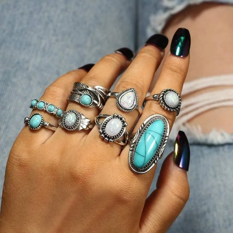 Turquoise Stone & Moonstone Ring Set - Glova