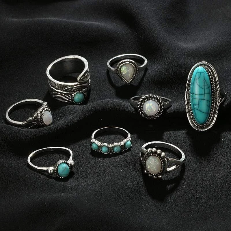 Turquoise Stone & Moonstone Ring Set - Glova