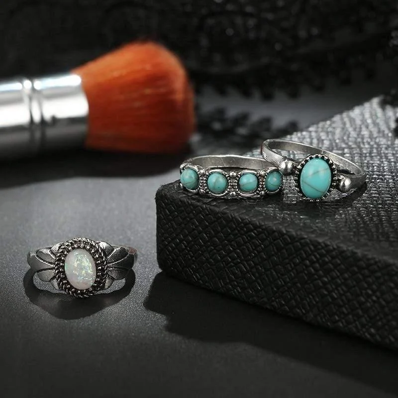 Turquoise Stone & Moonstone Ring Set - Glova