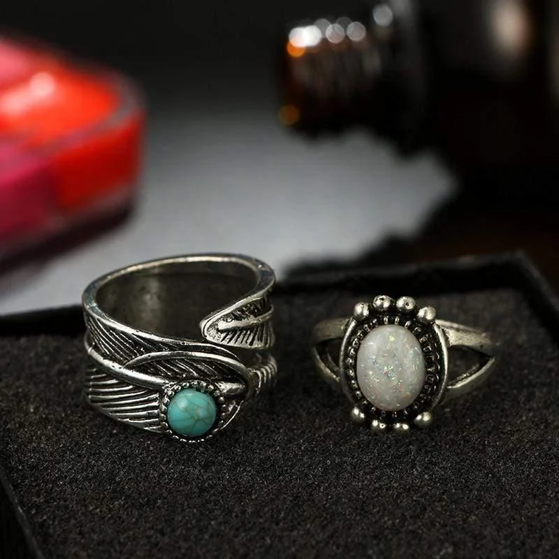 Turquoise Stone & Moonstone Ring Set - Glova