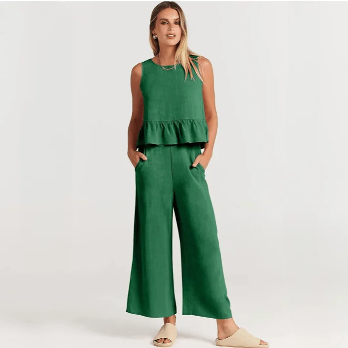 Valerina Casual Linen 2 Piece Top and Pants Set - 8 Colors - Glova