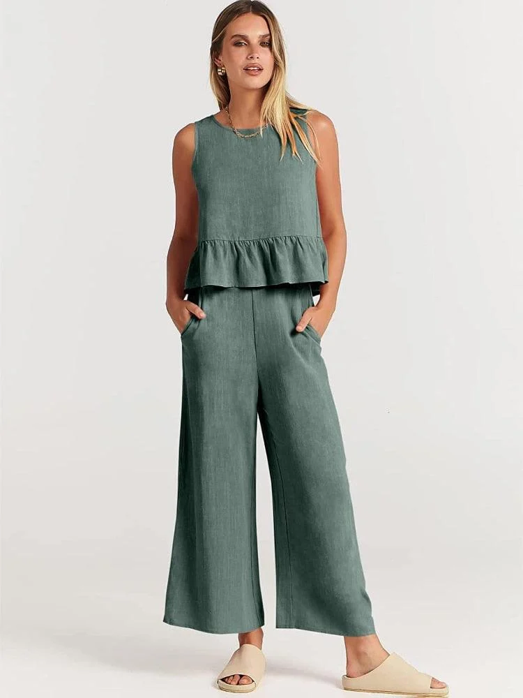 Valerina Casual Linen 2 Piece Top and Pants Set - 8 Colors - Glova