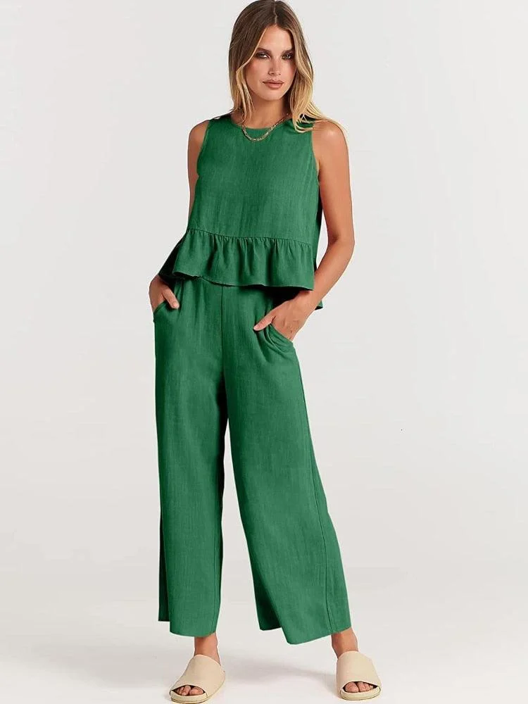 Valerina Casual Linen 2 Piece Top and Pants Set - 8 Colors - Glova