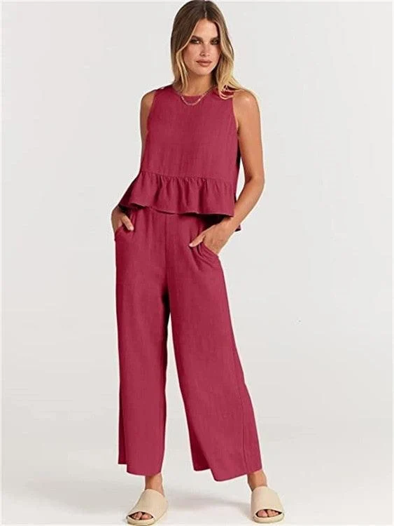 Valerina Casual Linen 2 Piece Top and Pants Set - 8 Colors - Glova