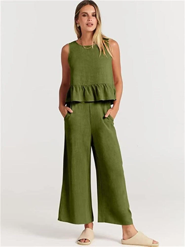 Valerina Casual Linen 2 Piece Top and Pants Set - 8 Colors - Glova