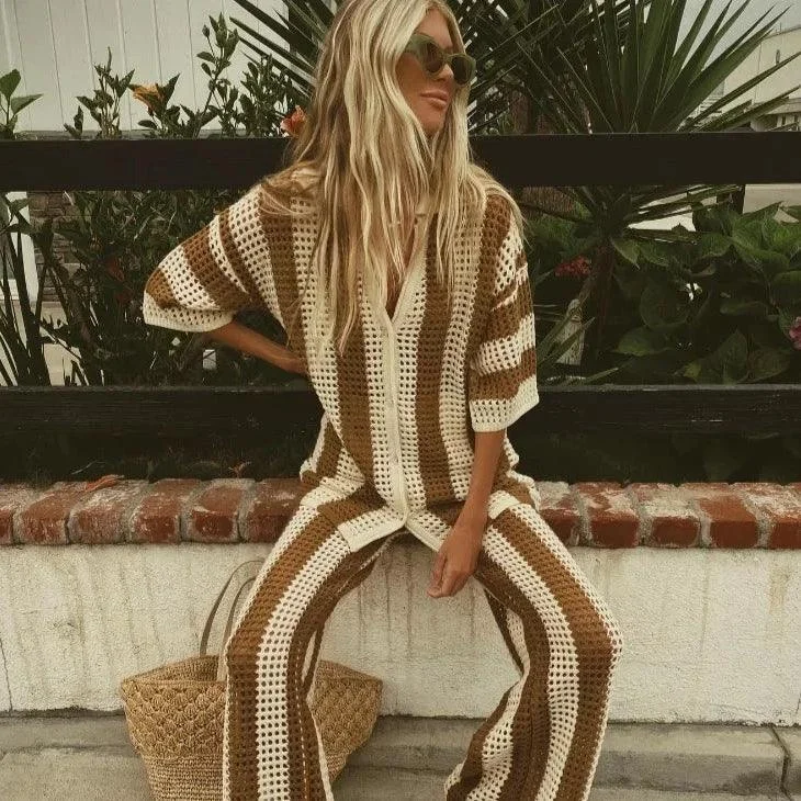 Valerina Striped Crochet Knit Top & Pants Set - Glova