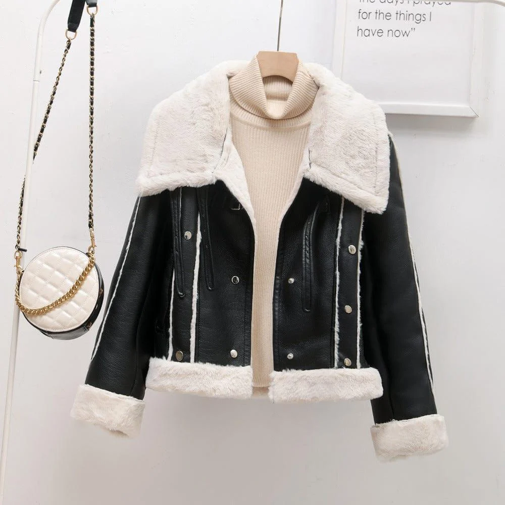 Vegan Leather Jacket with Faux Shearling Collar - Glova