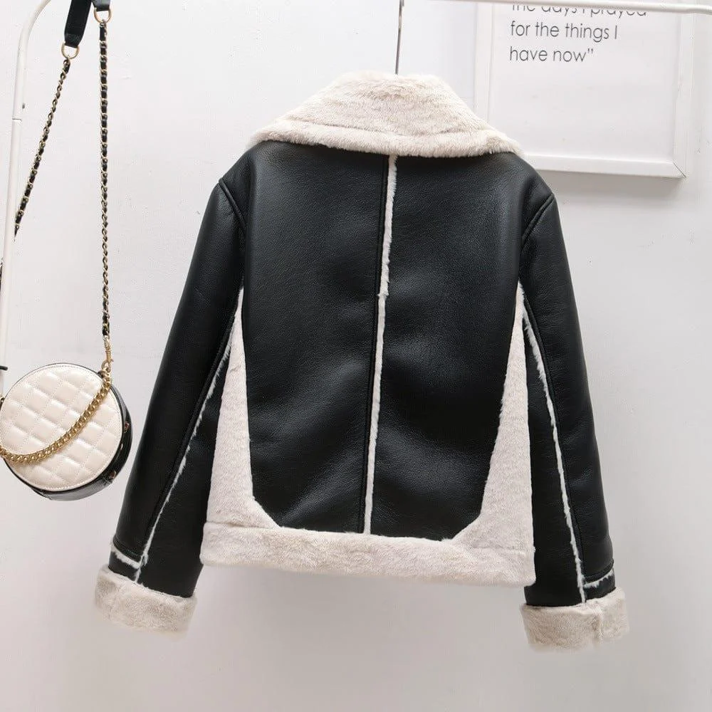 Vegan Leather Jacket with Faux Shearling Collar - Glova