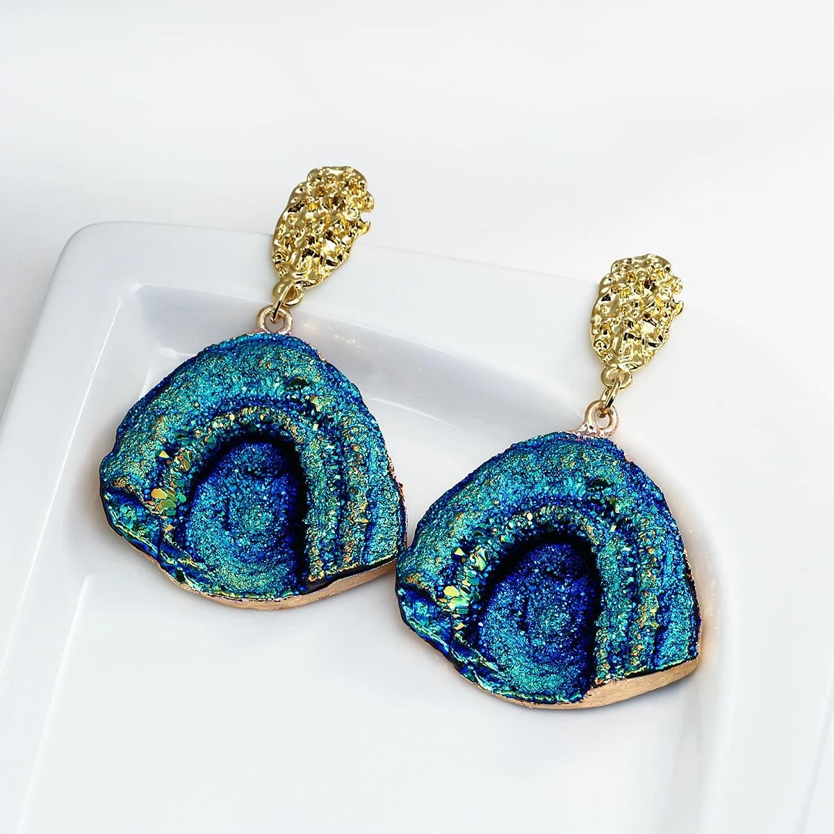 Vintage Blue Gemstone Resin Pendant Earrings - 2 Styles - Glova