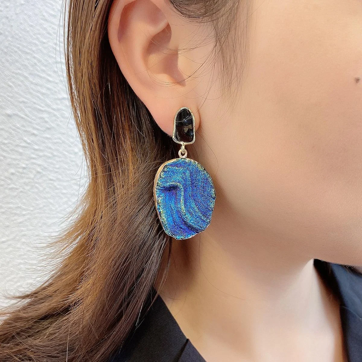 Vintage Blue Gemstone Resin Pendant Earrings - 2 Styles - Glova