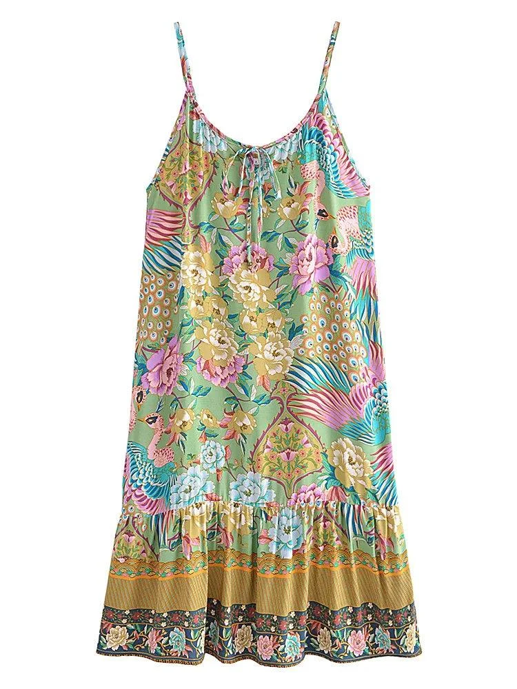 Vintage Boho Floral Print Spaghetti Strap Dress - Glova