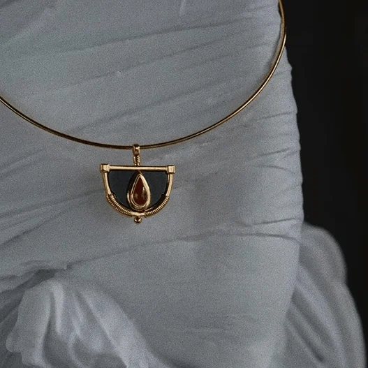 Vintage Enamel Red Stone Halfmoon Earrings & Necklace - Glova