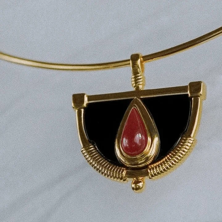 Vintage Enamel Red Stone Halfmoon Earrings & Necklace - Glova