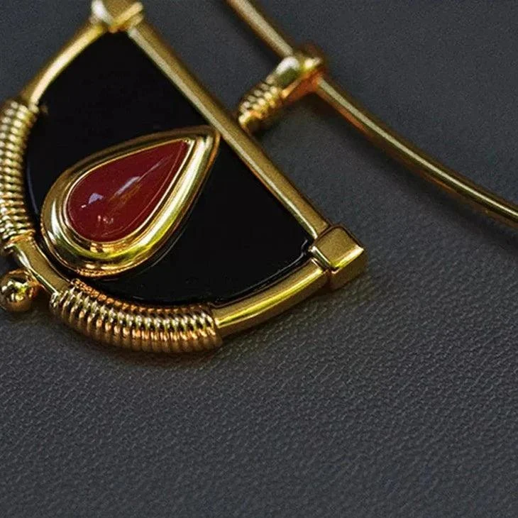 Vintage Enamel Red Stone Halfmoon Earrings & Necklace - Glova