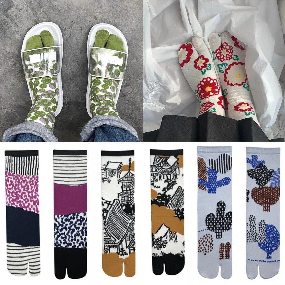 Vintage Harajuku Prints Cotton Split Toe Socks - Glova