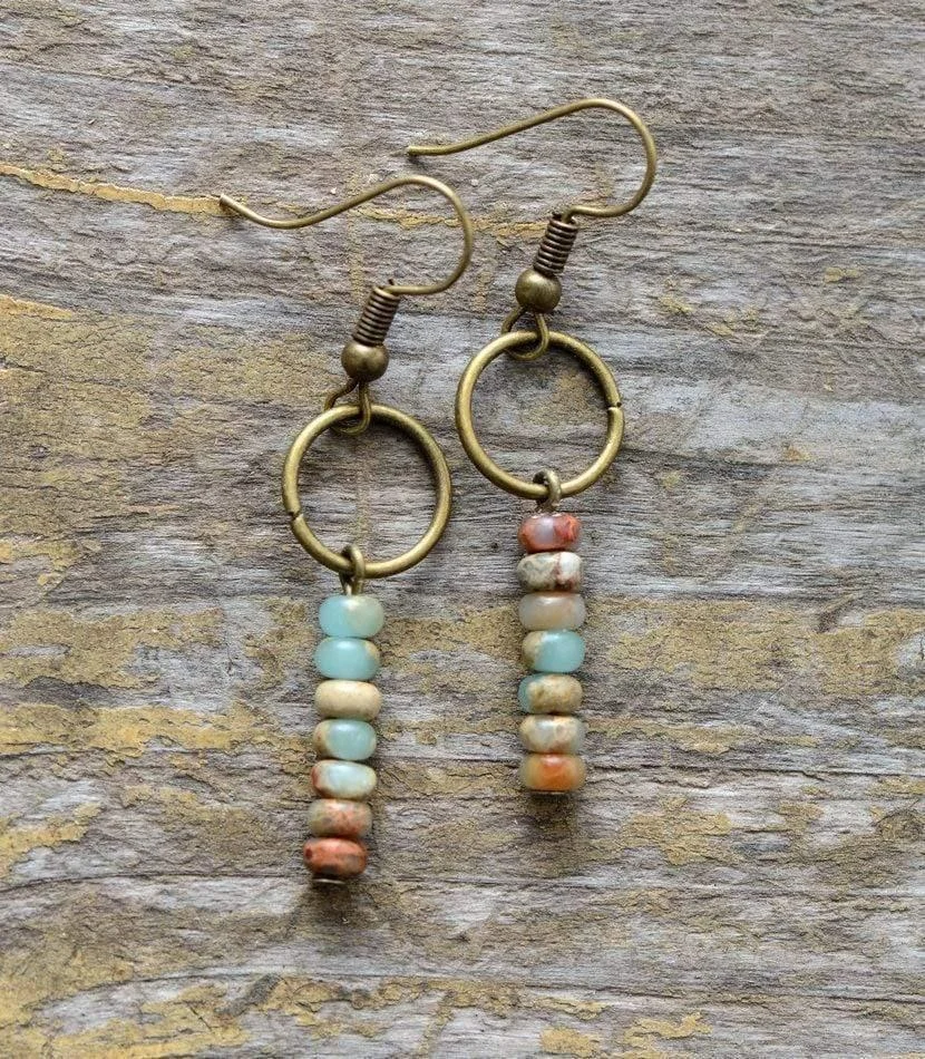 Vintage Natural Jasper Stone Ethnic Circle Earrings - Glova