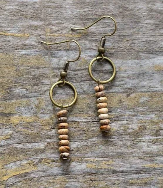 Vintage Natural Jasper Stone Ethnic Circle Earrings - Glova