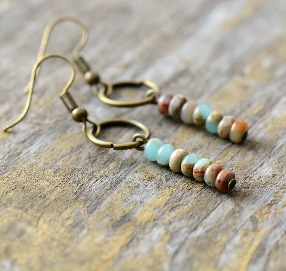 Vintage Natural Jasper Stone Ethnic Circle Earrings - Glova