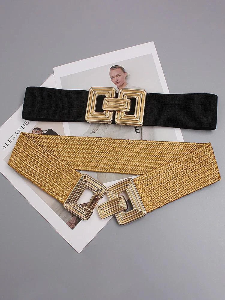 Vintage Square Buckle Woven Metallic Belts - Glova