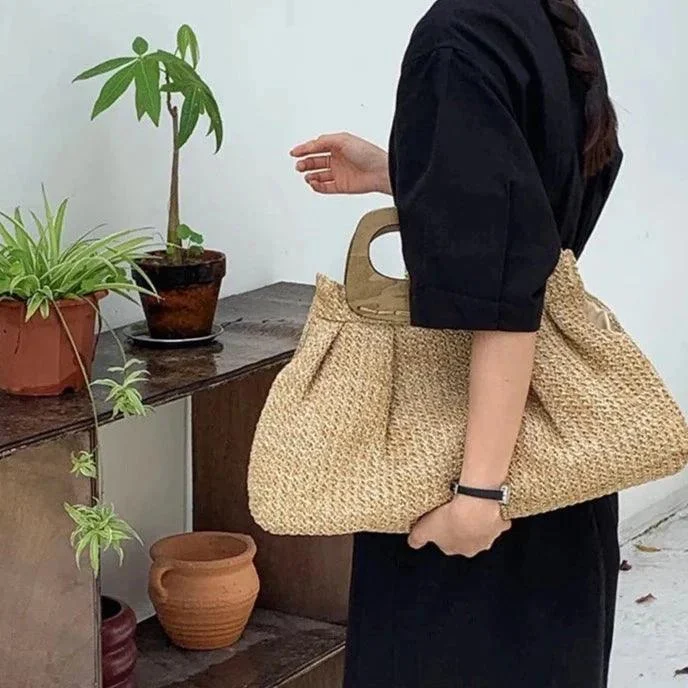 Vintage Wooden Handle Big Straw Tote Bag - Glova