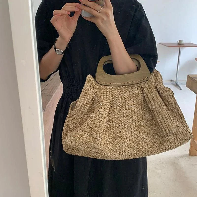 Vintage Wooden Handle Big Straw Tote Bag - Glova