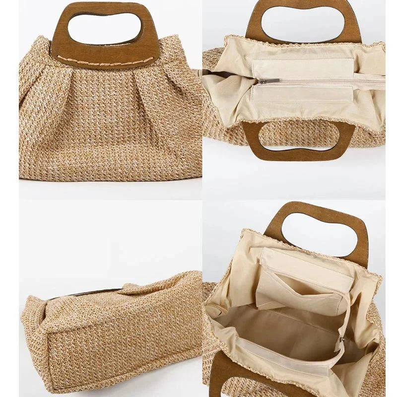 Vintage Wooden Handle Big Straw Tote Bag - Glova