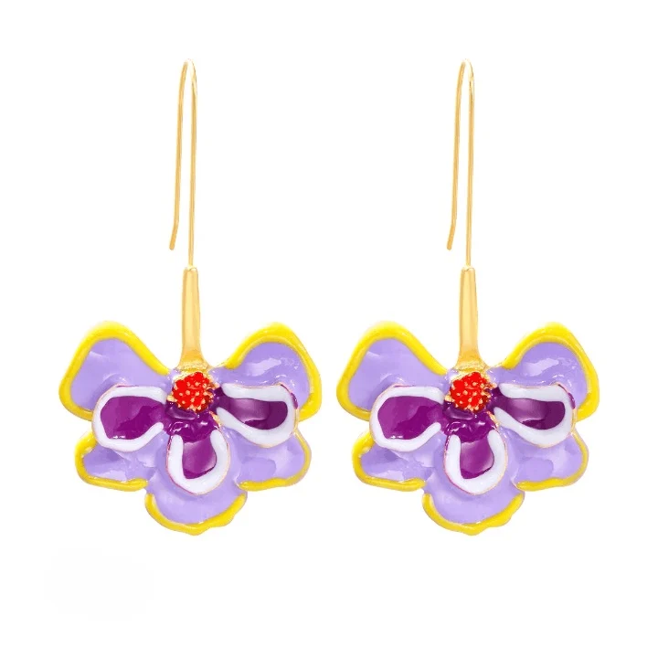 Violet Flower Enamel Drop Earrings - Glova