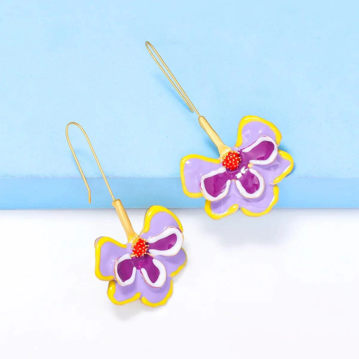 Violet Flower Enamel Drop Earrings - Glova