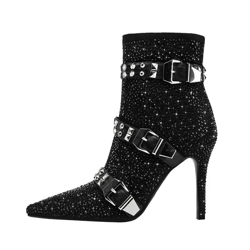 Water Diamond Belt Buckle Pointed High Heels Women's Short Boots - Glova