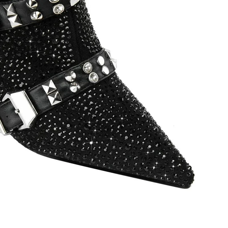 Water Diamond Belt Buckle Pointed High Heels Women's Short Boots - Glova