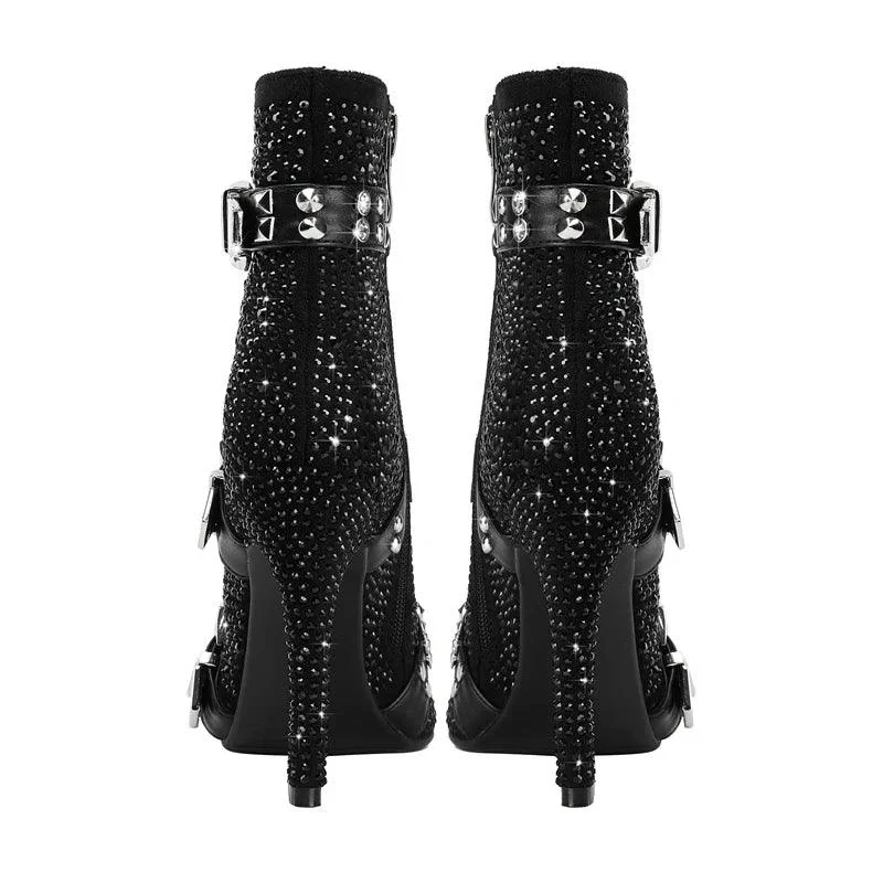 Water Diamond Belt Buckle Pointed High Heels Women's Short Boots - Glova