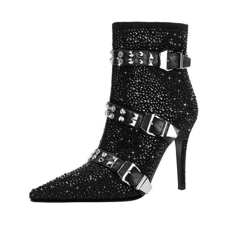 Water Diamond Belt Buckle Pointed High Heels Women's Short Boots - Glova